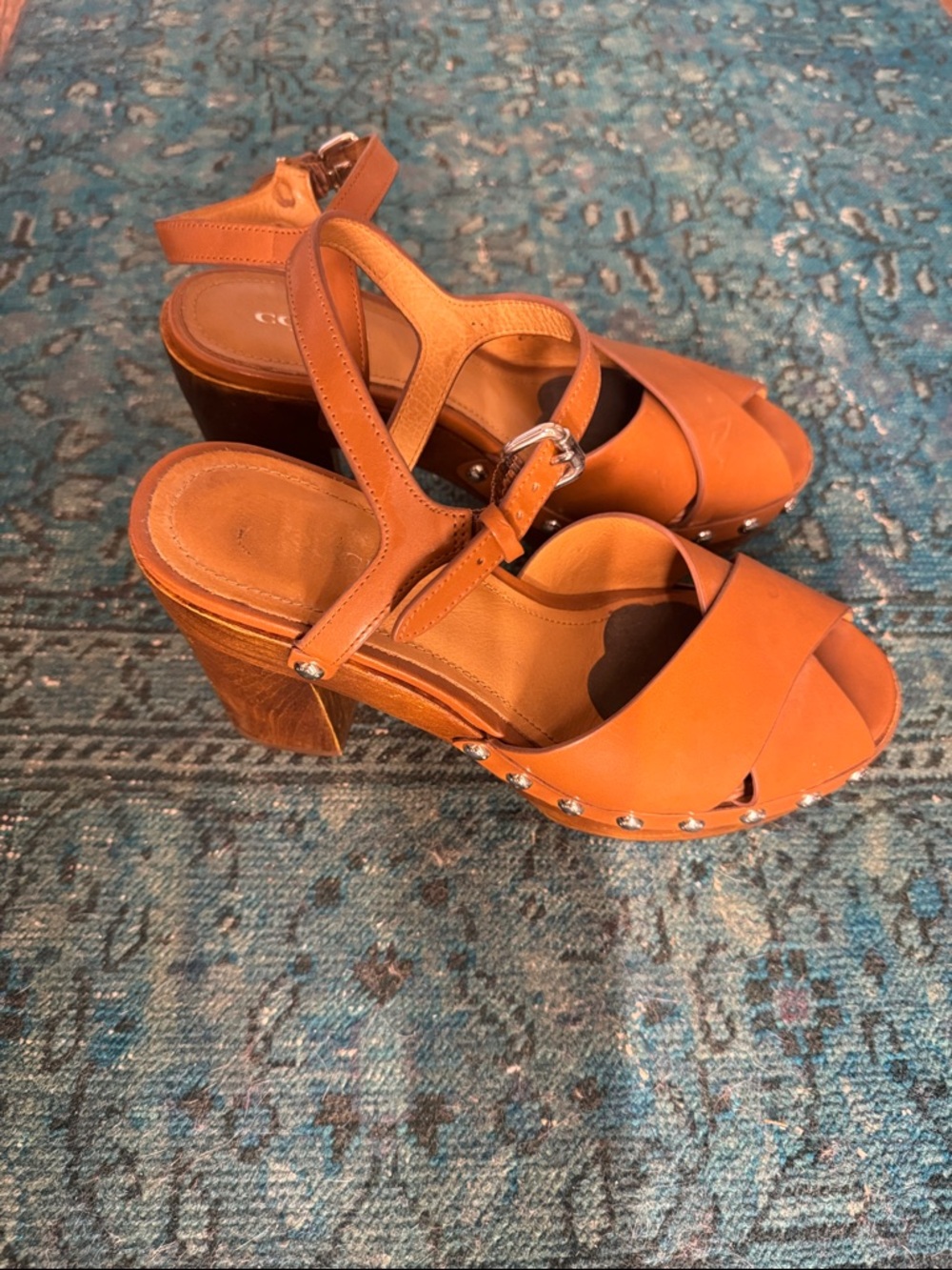 Coach Tan Leather Platform Sandals with Studded Trim